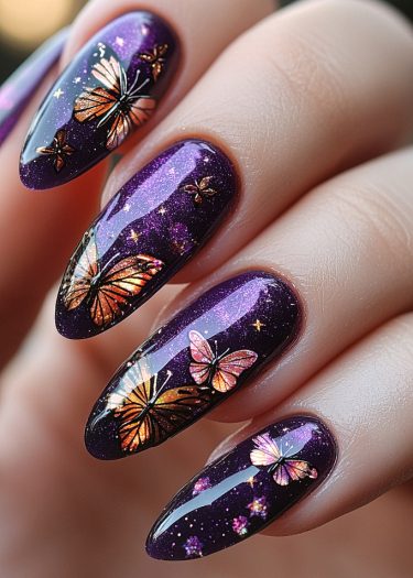 Elegant cosmic purple nail art featuring vibrant butterfly and floral designs on long nails.