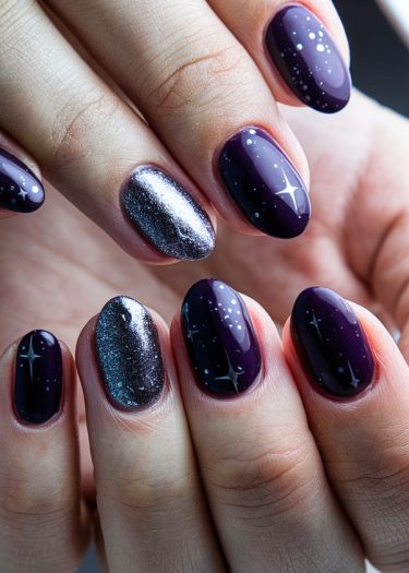 Elegant cosmic purple nail art with starry design and striking chrome accent.