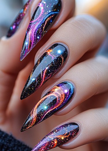 Cosmic stiletto nails feature intricate galaxy designs and sparkling glitter for a stunning look.