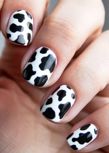 Chic cow print nail art with black and white designs on beautifully manicured fingers.