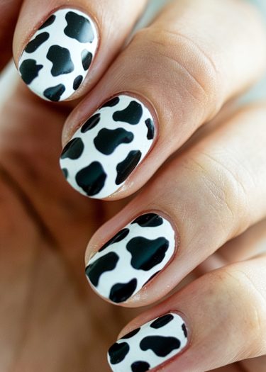 Stylish cow print nail art design on neatly manicured oval nails with glossy finish.