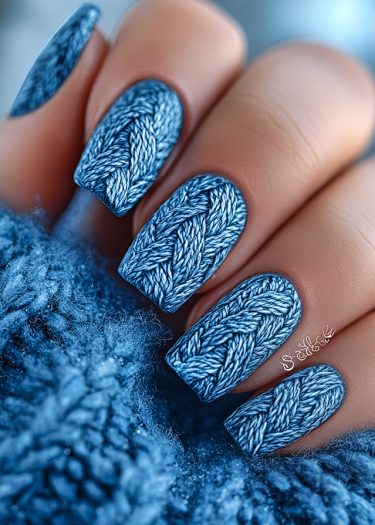 Cozy knitted nail art design against matching fabric, showcasing intricate texture and stylish detail.