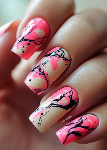 Vibrant pink and black abstract nail art on glossy creamy-beige base nails.