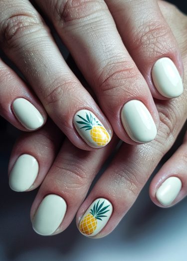 Elegant cream nails with vibrant pineapple designs showcase playful yet sophisticated nail art.