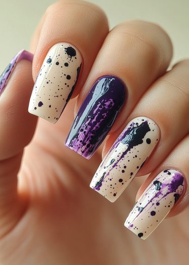 Artistic purple splatter nails on a natural hand, featuring glossy and matte finishes.