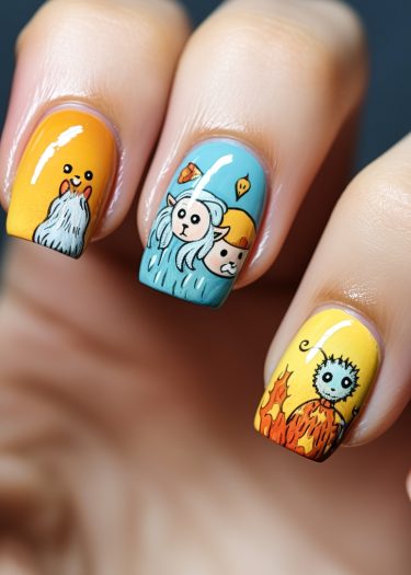 Playful cartoon nail art featuring colorful creatures and vibrant designs on manicured nails.