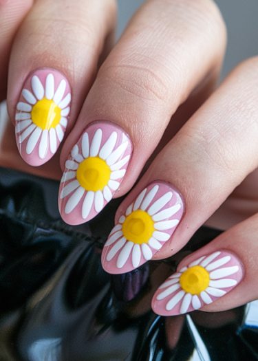 Daisy nail art design on oval-shaped glossy nails with pink, white, and yellow colors.