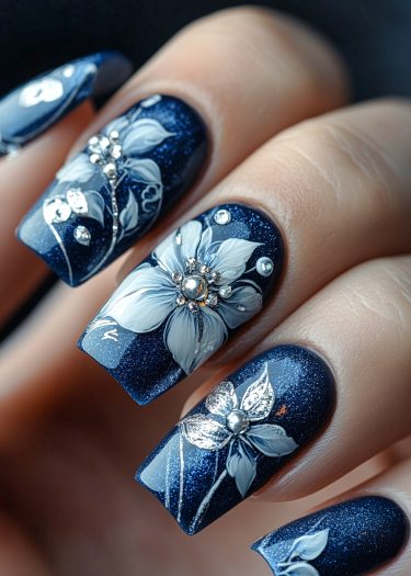 Elegant dark blue floral nail art with gem accents for a luxurious and sophisticated look.