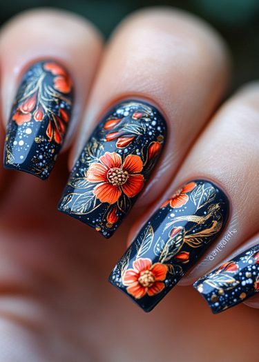 Elegant dark blue floral nail art with intricate orange flowers and gold accents.