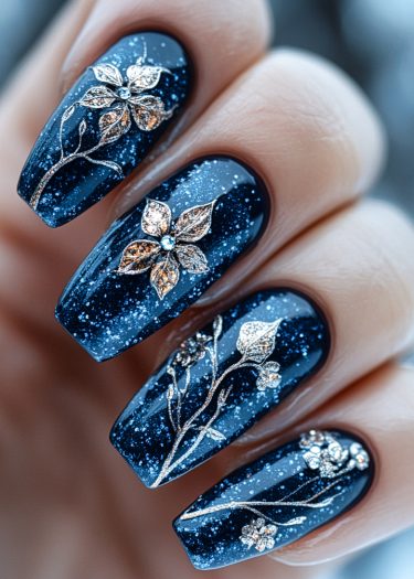 Elegant dark blue floral nail art with glitter and gold designs, perfect for special occasions.