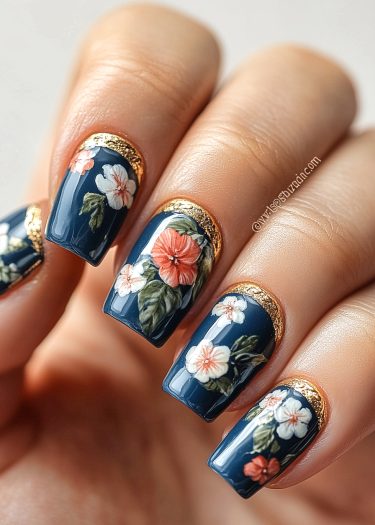 Elegant dark blue floral nail art with intricate designs and golden foil accents.