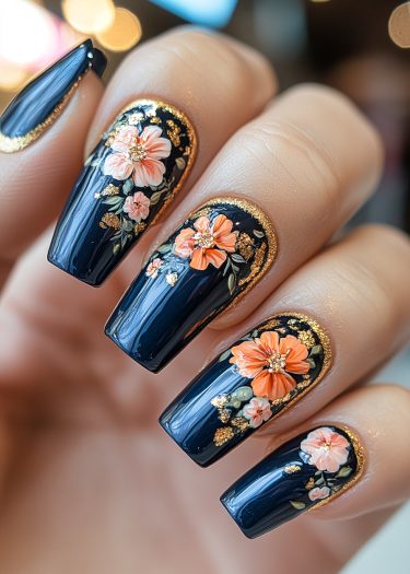 Elegant dark blue floral nail art featuring intricate designs and shimmering gems.