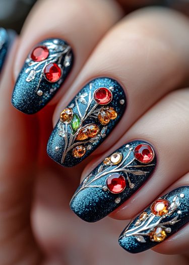 Elegant dark blue nail art with silver branches and vibrant gemstones for glamorous occasions.