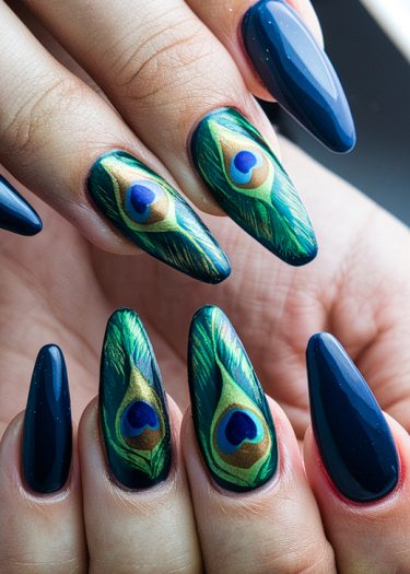 Elegant dark blue nail art featuring stunning peacock feather designs and glossy finishes.