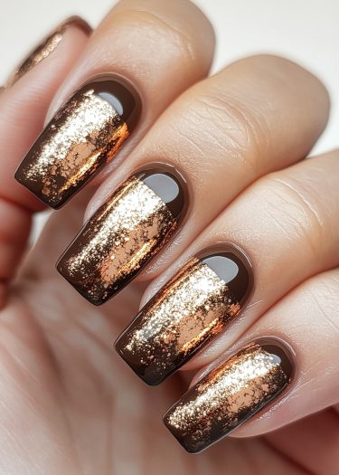 Elegant matte black nails with copper foil design for a sophisticated manicure look.