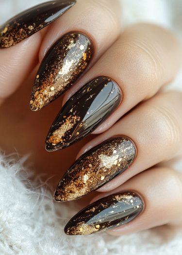 Almond-shaped black nails with gold flakes, showcasing luxurious nail art and elegance.