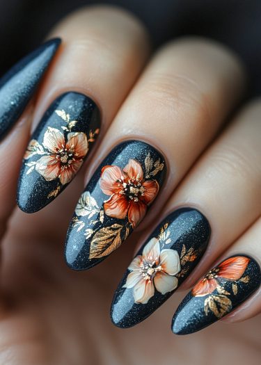 Elegant dark floral nail art design featuring vibrant coral flowers and golden accents.