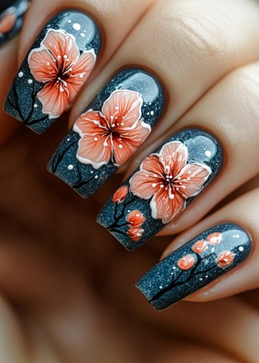 Stunning dark galaxy floral nail art featuring vibrant orange hibiscus flowers on shimmering blue.