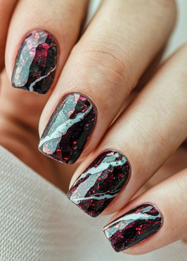 Stunning dark glitter nail art with holographic designs and vibrant pink accents.