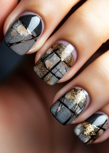 Elegant dark gray and gold nail art with geometric designs and glamorous metallic accents.