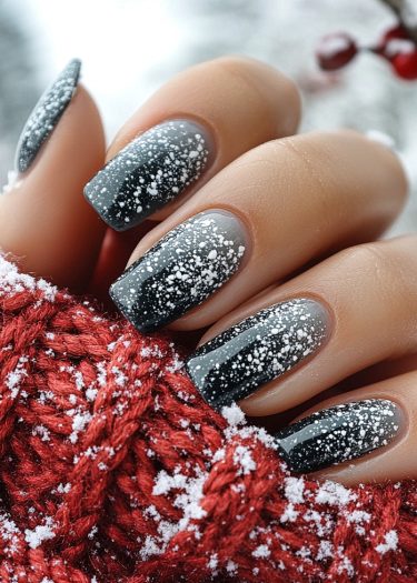 Elegant dark gray snowflake nails contrast with cozy red knitted fabric in a winter setting.