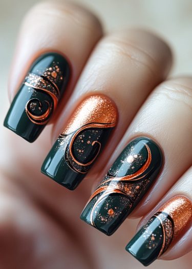 Elegant dark green and copper nail art with intricate designs and glitter accents.