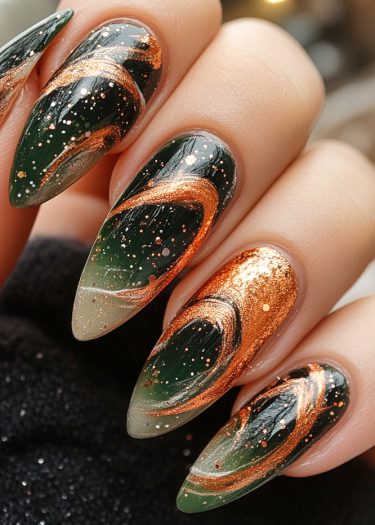 Elegant dark green and copper nail art with glittery swirls for a bold fashion statement.