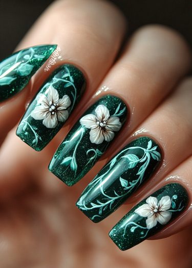 Elegant dark green floral nail art featuring intricate white designs and shimmering details.