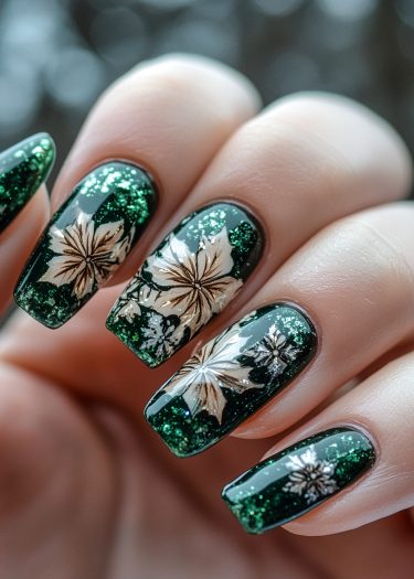 Elegant dark green floral nail art with shimmering poinsettias in white and gold.