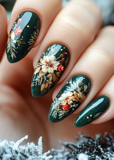 Elegant dark green floral nail art with intricate white and gold designs for a festive look.