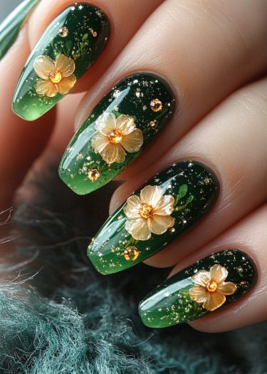 Elegant dark green floral nail art with 3D flowers and sparkling accents, perfect for nature lovers.