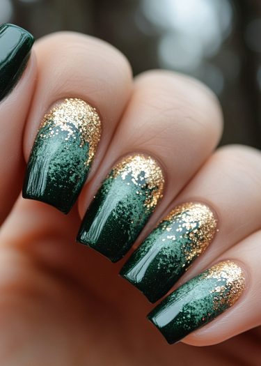 Elegant emerald green nail art with gold glitter gradient for a chic, modern look.