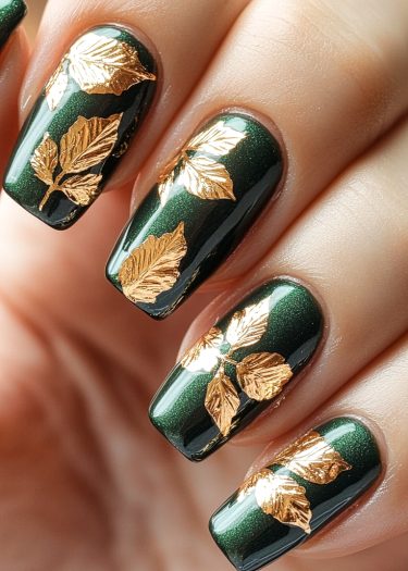 Elegant dark green nails with gold leaf designs for a sophisticated manicure look.