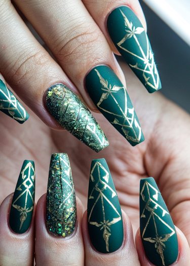 Elegant matte emerald green nails with gold geometric patterns and a sparkling glitter accent.