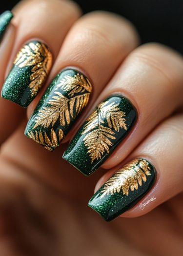 Elegant dark green and gold nail design featuring intricate leaf patterns for a sophisticated look.