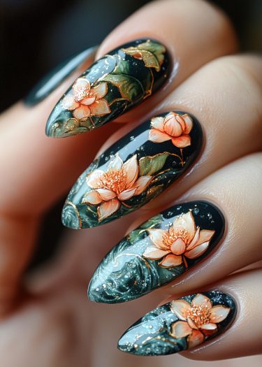 Elegant dark green nail art featuring detailed floral designs and gold accents.