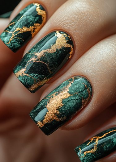 Elegant dark green marble nails with golden veins, showcasing sophisticated nail art design.