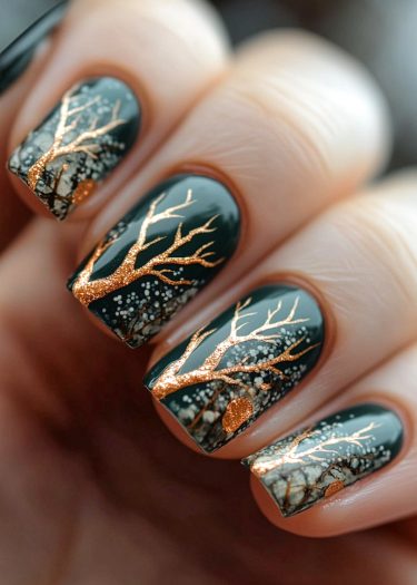 Elegant dark green winter nail art with shimmering gold branches and snowflake details.