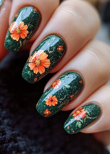 Elegant dark green nails adorned with vibrant orange floral designs, perfect for a chic autumn look.