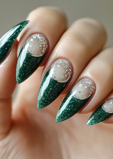 Elegant dark green stiletto nails with glitter and silver star decals for a festive look.