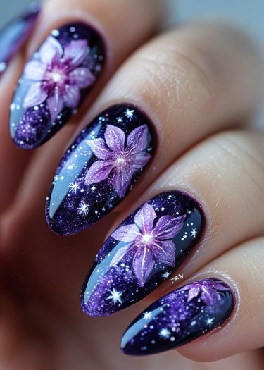 Cosmic dark purple floral nail art with starry accents and glossy finish for a stunning look.