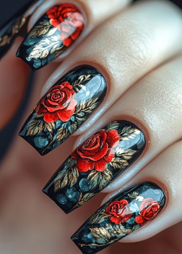 Elegant dark roses nail art with glossy black base and gold accents.