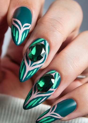 Elegant stiletto nails with teal base, intricate leaf designs, and sparkling emerald rhinestones.