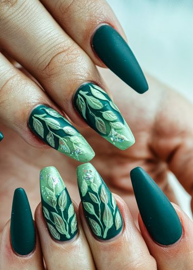 Elegant dark teal leaf nail art with stiletto shape and subtle glitter accents.