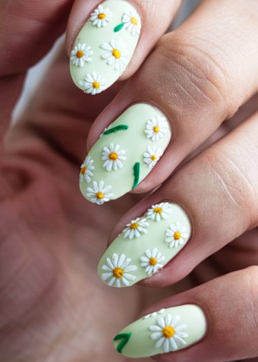 Pastel green daisy nail art showcasing intricate floral designs for a fresh, elegant look.