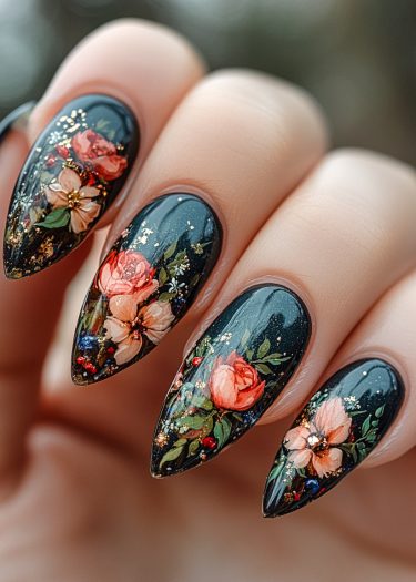 Elegant stiletto nails featuring black base and intricate floral art with golden accents.