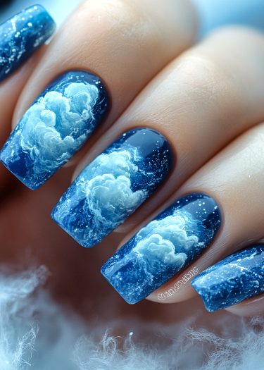 Stunning deep blue cloud nail art design with glossy finish and celestial night sky theme.