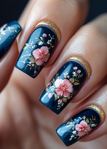 Elegant deep blue floral nail art featuring pink blossoms and glittery gold accents.