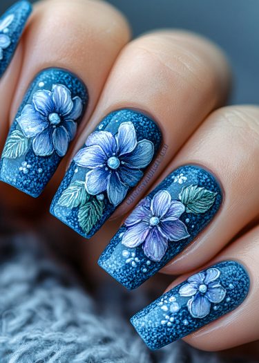 Elegant deep blue floral nail art with intricate lavender flowers and jeweled accents.