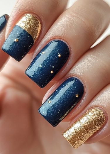 Elegant navy blue and gold nail art with textured designs and shimmering accents.